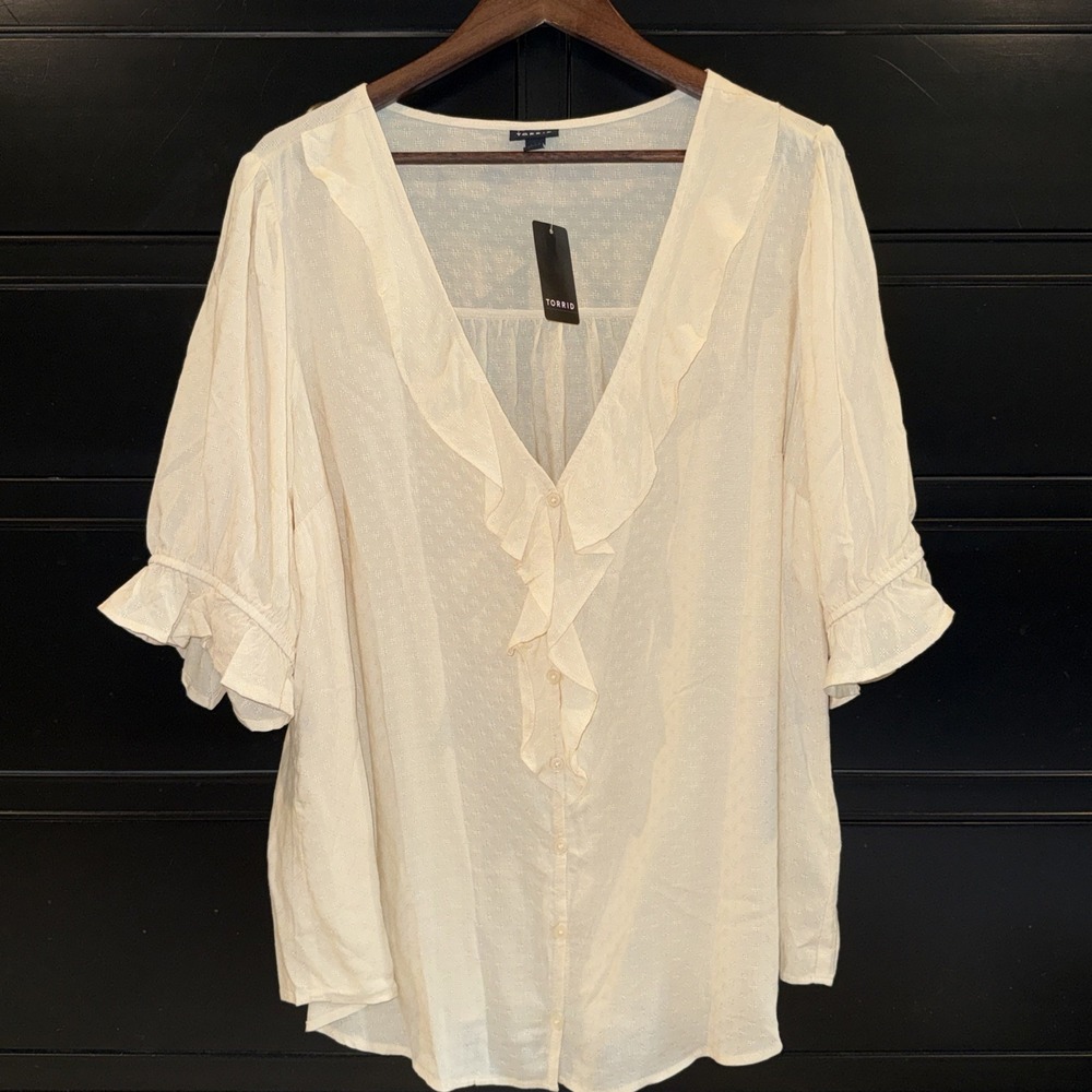 Torrid Women's Beige 3/4 Sleeve V Neck Blouse 2 XXL Boho Peasant New Sz 18-20